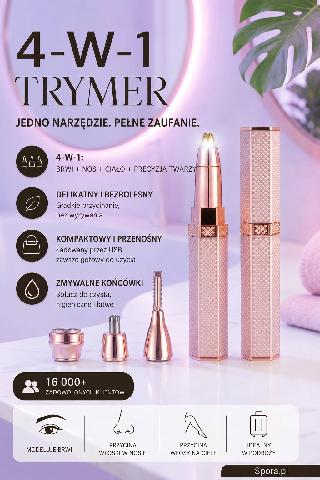 Trymer 4 w 1 z podświetleniem i wymiennymi końcówkami, ładowany przez USB